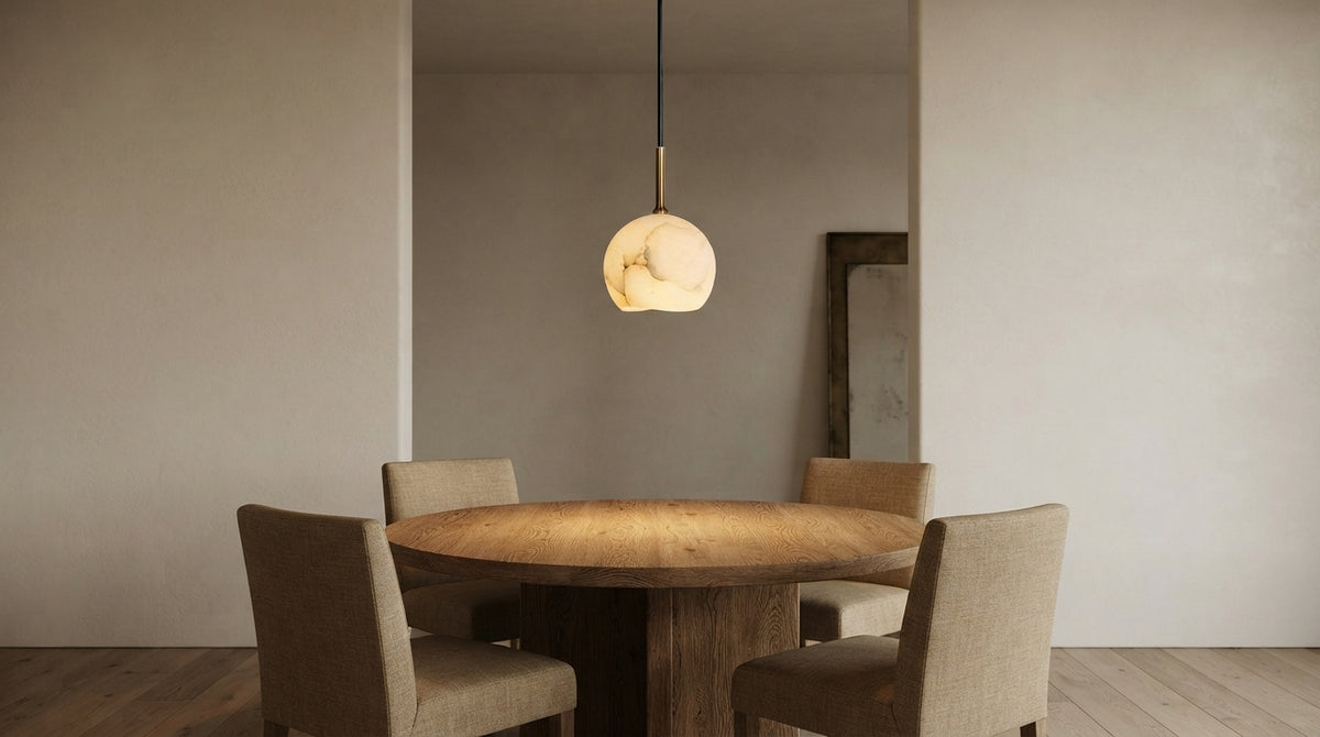 Suspension en albâtre au-dessus d'une table ronde en chêne
