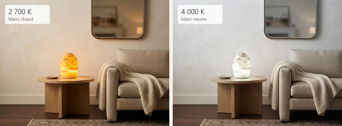 La même pièce éclairée en 2 700 K (blanc chaud) et en 4 000 K (blanc neutre)
