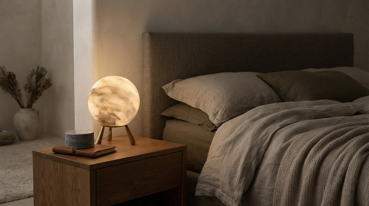 Lampe globe en albâtre sur une table de chevet, le soir