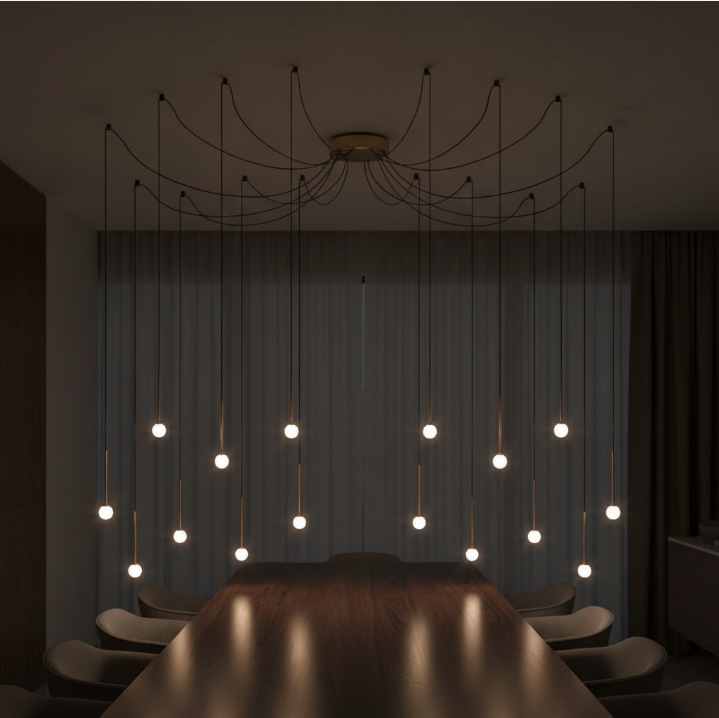 Lustre pluie de seize points LED finition laiton Solenne