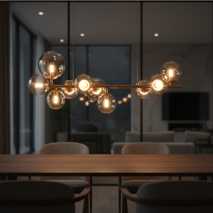 Lustre linéaire à dix lumières en verre soufflé ambré Marbelo