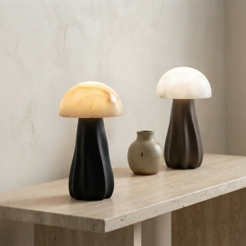 Lampe à poser champignon en albâtre pied torsadé Drapé