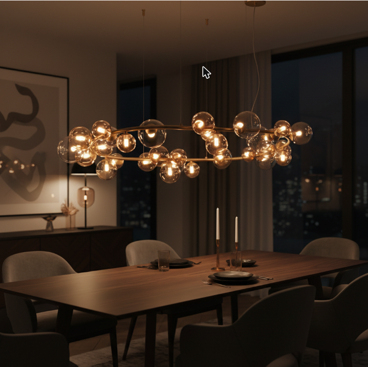 Lustre à trente lumières en verre soufflé ambré et laiton Faelia