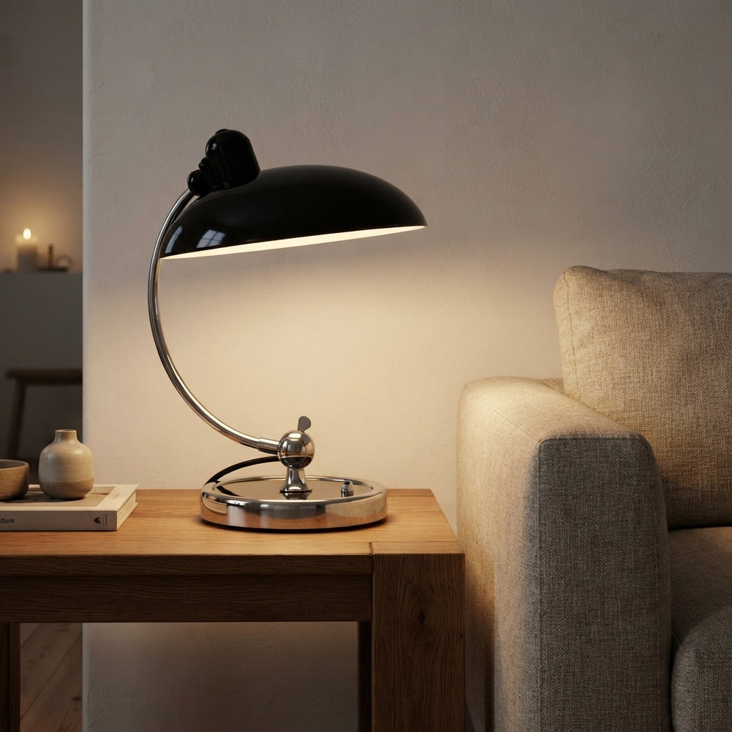 Lampe à poser ronde abat-jour dôme noir bras chromé Gramophone – mise en situation (visuel d’ambiance)
