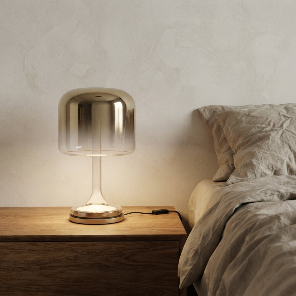 Lampe à poser dôme doré en métal et verre Nero – mise en situation (visuel d’ambiance)