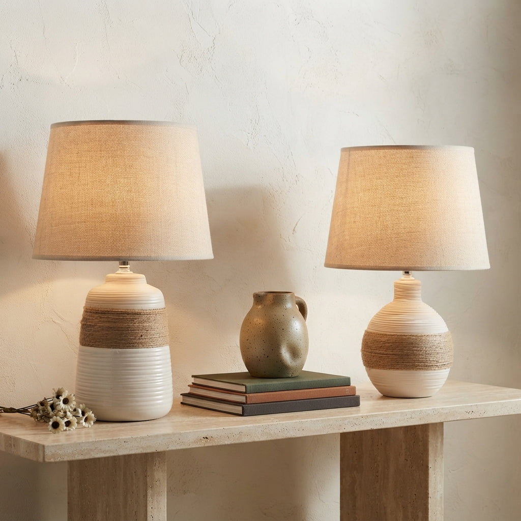 Lampe à poser en céramique style wabi-sabi pied galbé Écheveau – mise en situation (visuel d’ambiance)