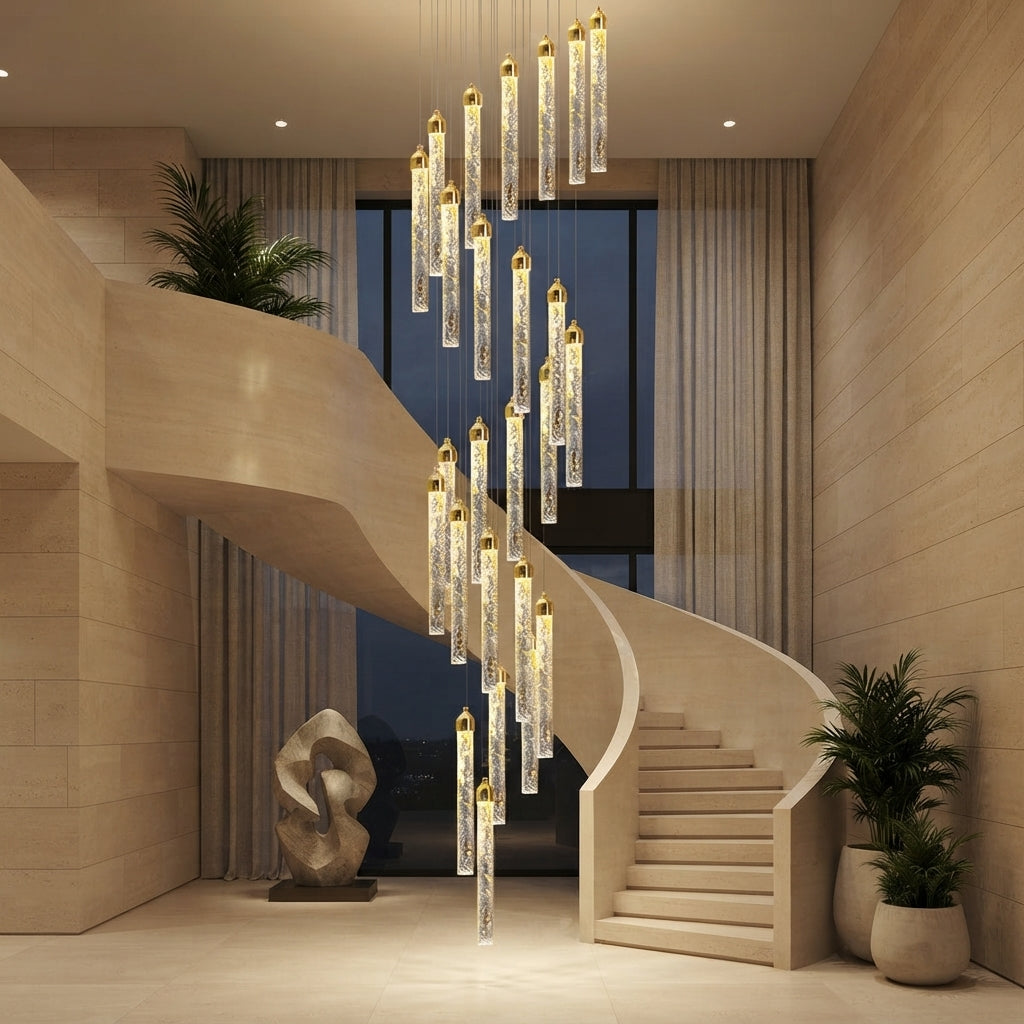 Lustre cascade de tubes transparents Fontaine – mise en situation (visuel d’ambiance)