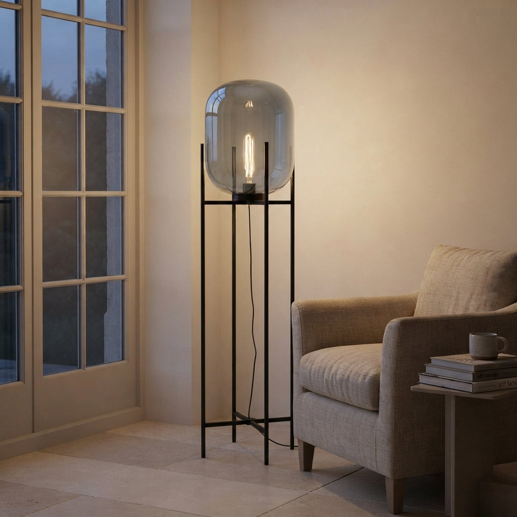 Lampadaire en verre fumé sur structure noire Fiole – mise en situation (visuel d’ambiance)