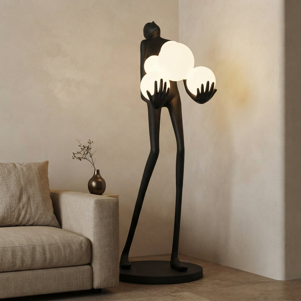 Lampadaire sculpture en résine silhouette humaine aux sphères Jongleur