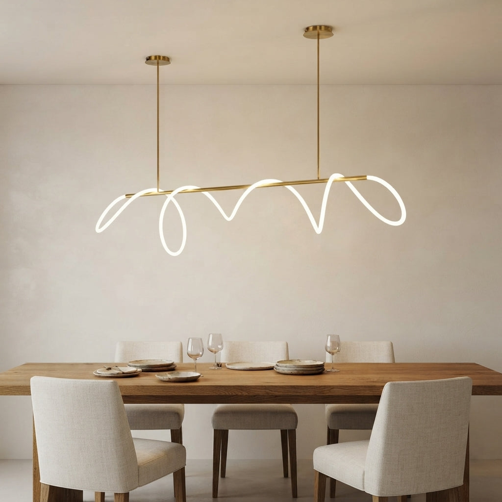 Lustre à boucles lumineuses sur barre dorée Entrelacs