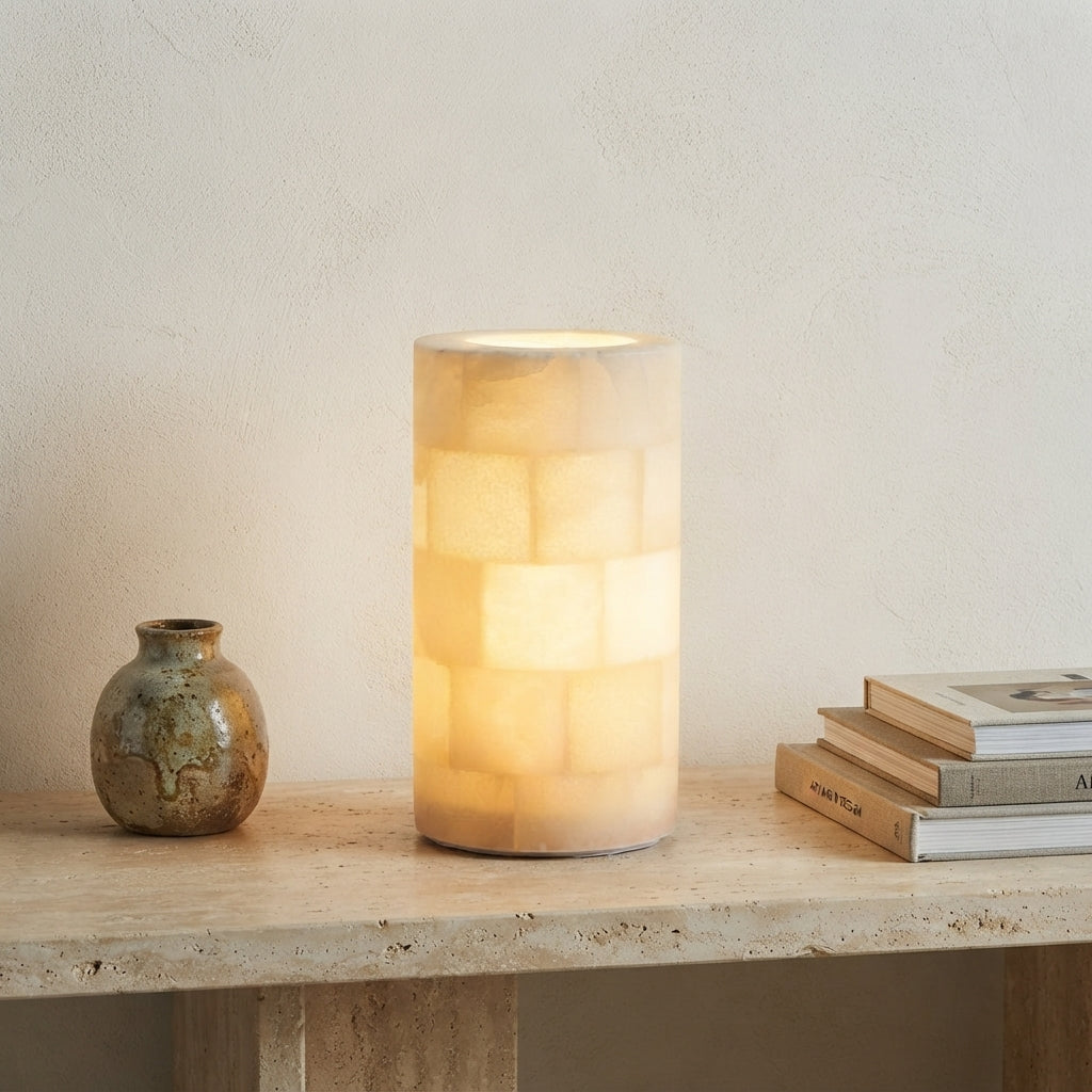 Lampe à poser en albâtre sans fil rechargeable cylindrique Donjon