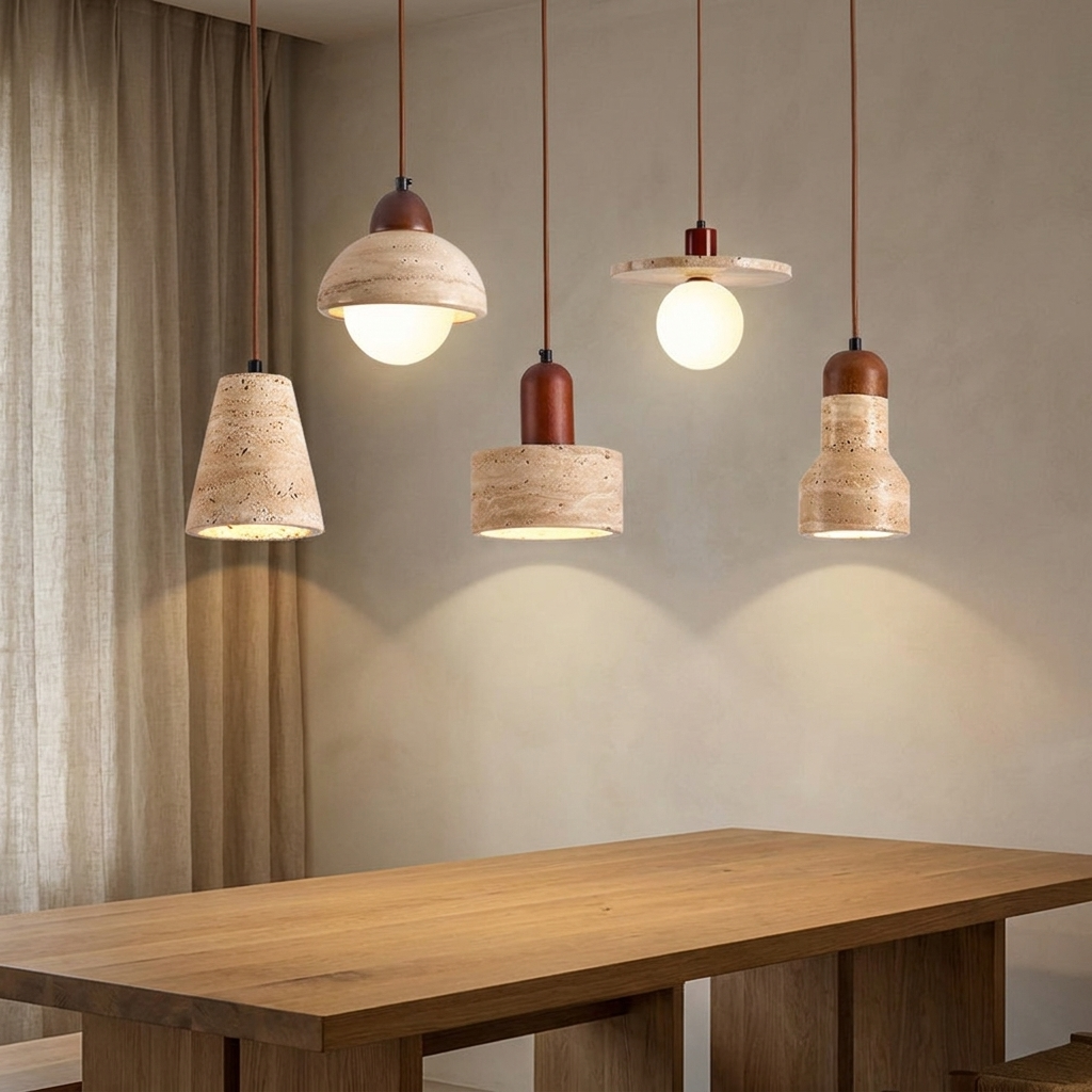 Suspension en travertin capuchon aspect bois Jardin – mise en situation (visuel d’ambiance)