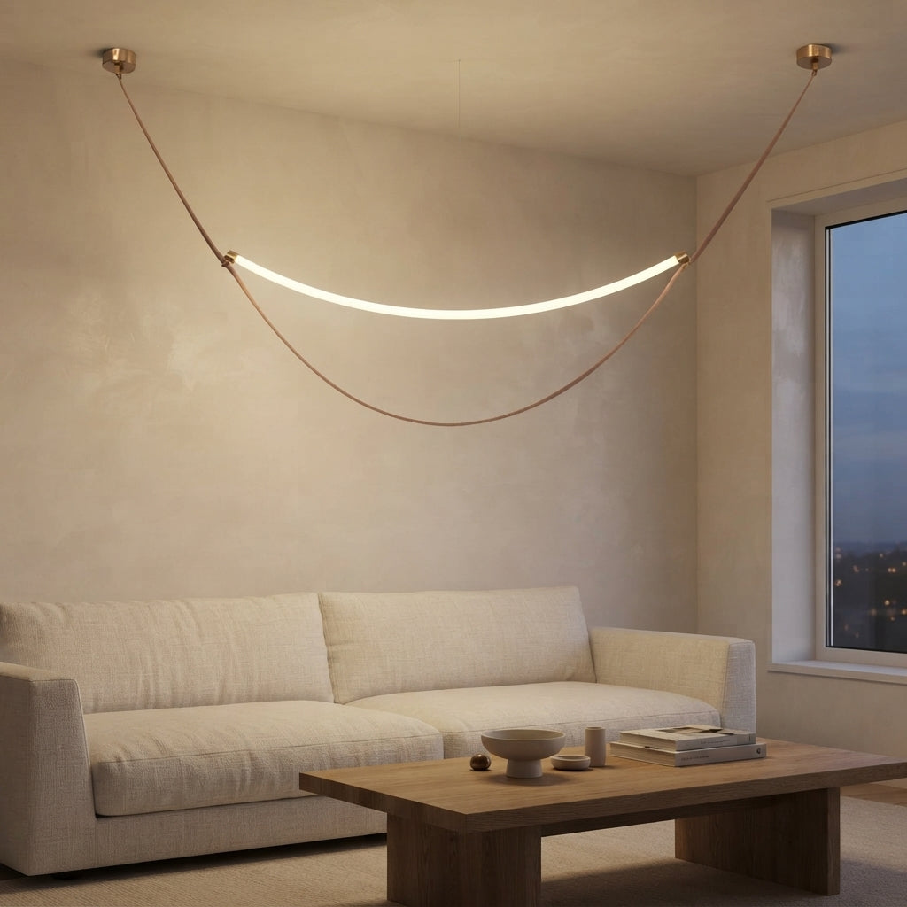 Lustre arc lumineux suspendu à une sangle Hamac – mise en situation (visuel d’ambiance)