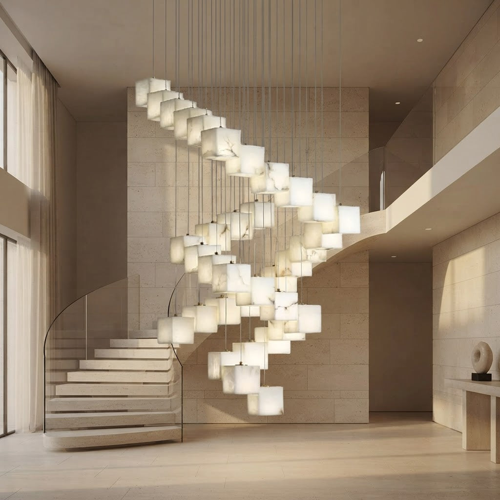 Lustre carré en albâtre en cascade Essaim – mise en situation (visuel d’ambiance)