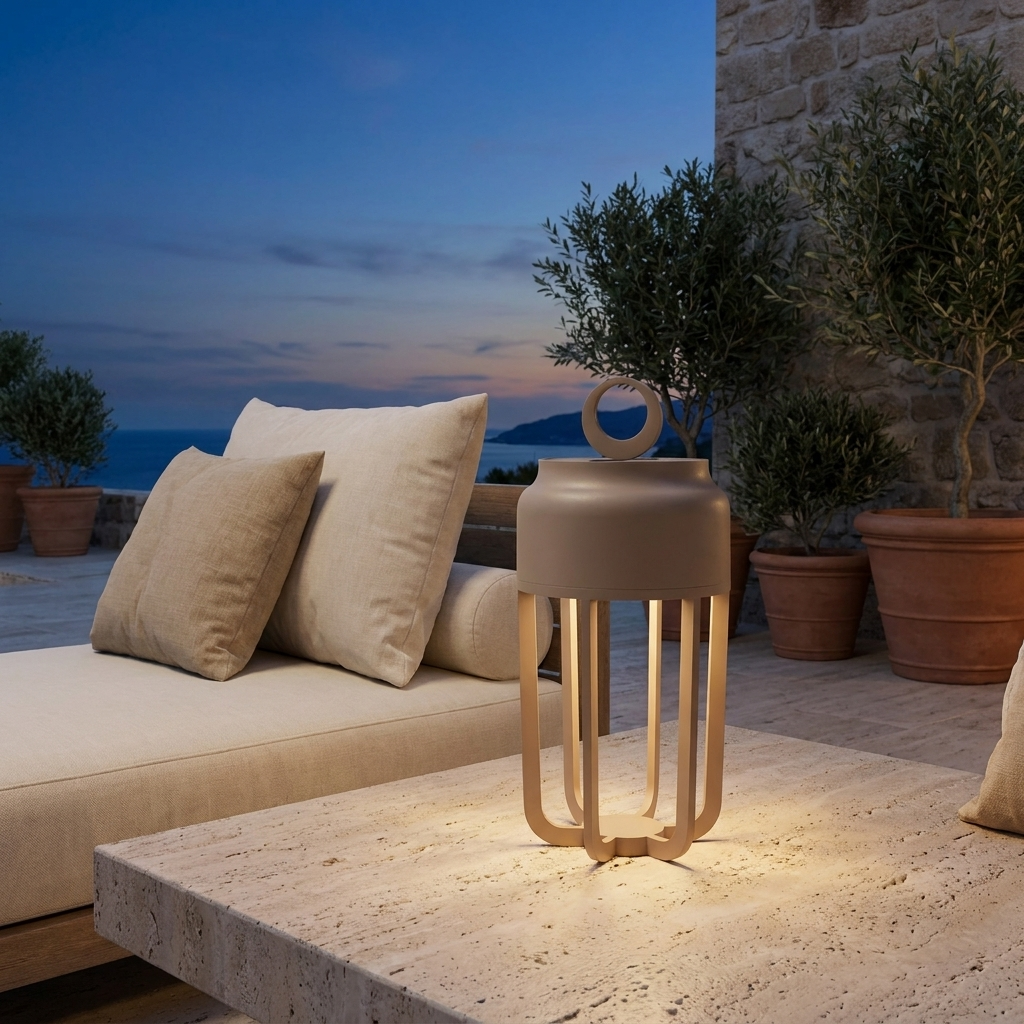 Lampe à poser d'extérieur lanterne en métal beige IP54 Quenda – mise en situation (visuel d’ambiance)
