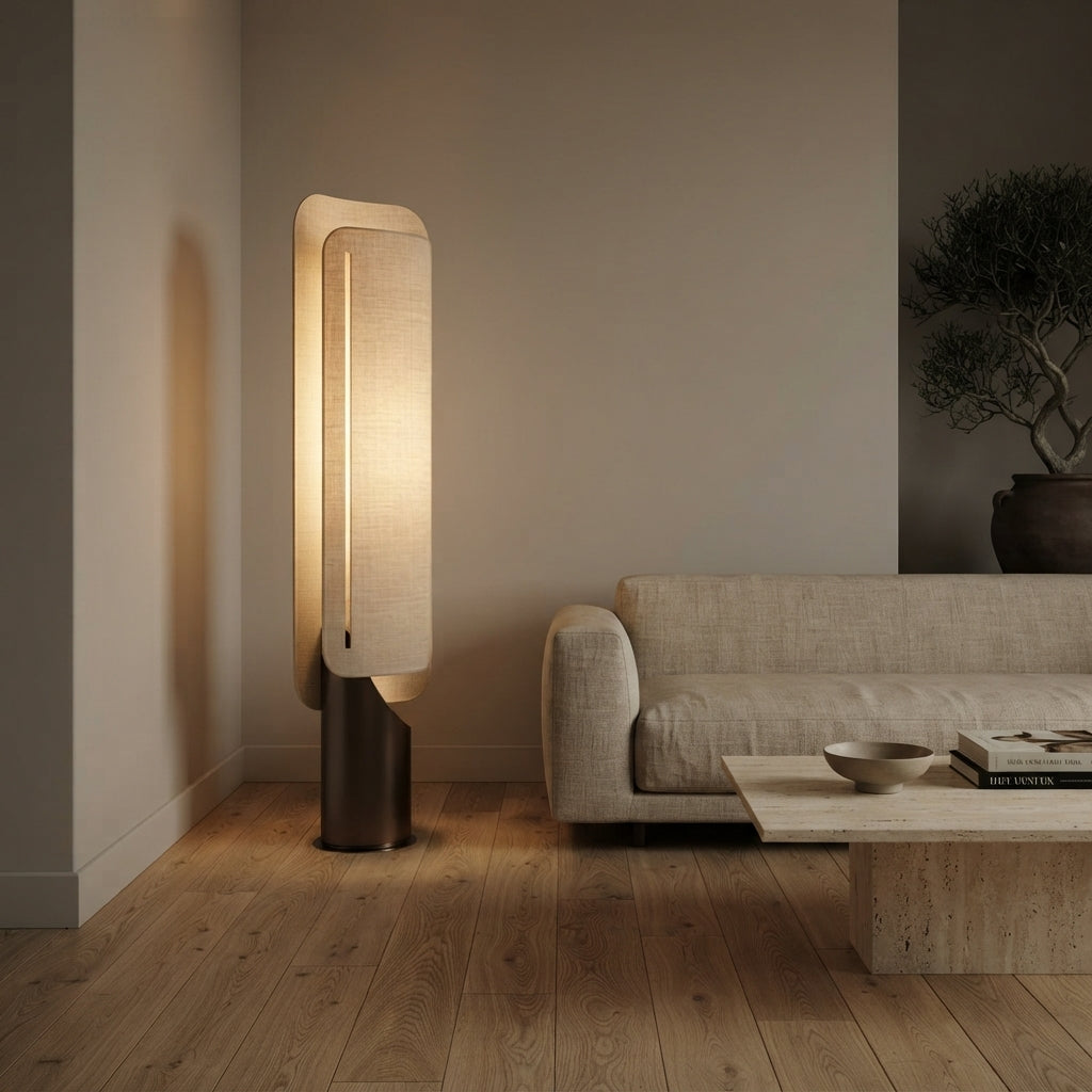 Lampadaire panneau lumineux beige socle noir Étendard – mise en situation (visuel d’ambiance)
