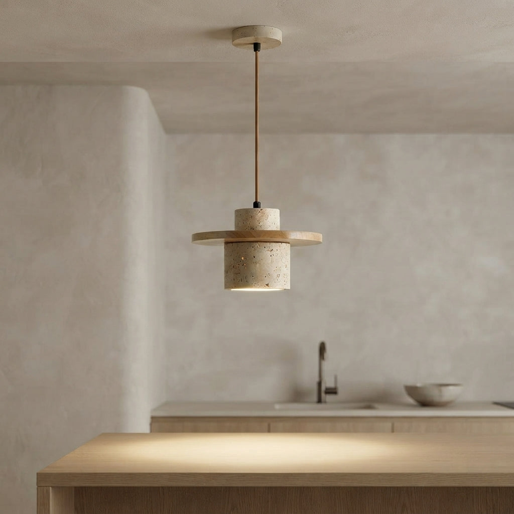 Suspension cylindrique style wabi-sabi aspect travertin Hune
