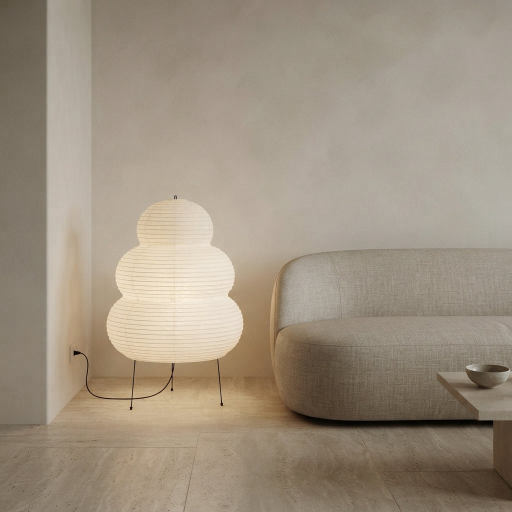 Lampadaire en papier à étages arrondis Frimas – mise en situation (visuel d’ambiance)