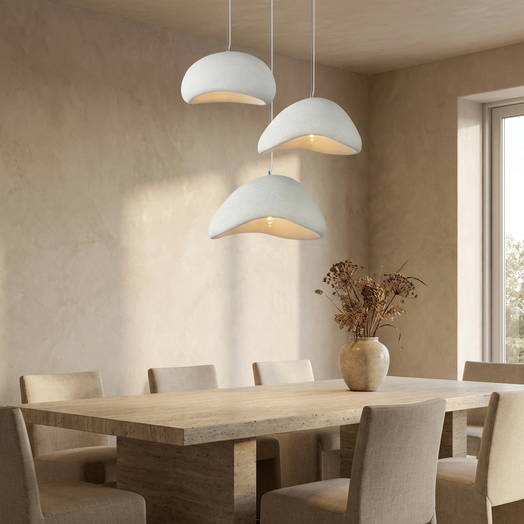 Lustre style wabi-sabi à dômes blancs texturés Écume – mise en situation (visuel d’ambiance)