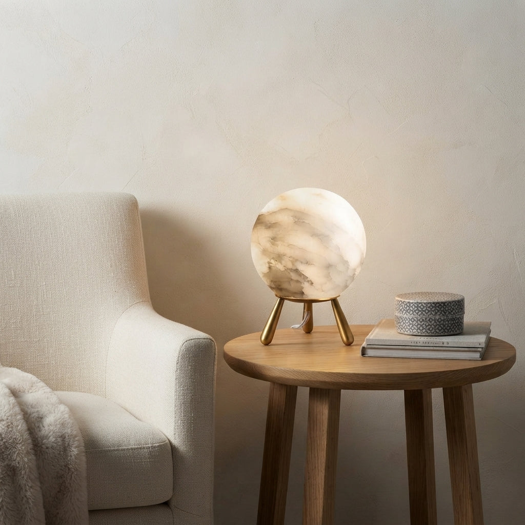 Lampe à poser sphère en albâtre et laiton Atlas
