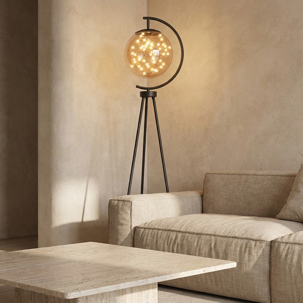 Lampadaire en verre globe étoilé sur croissant Firmament – mise en situation (visuel d’ambiance)