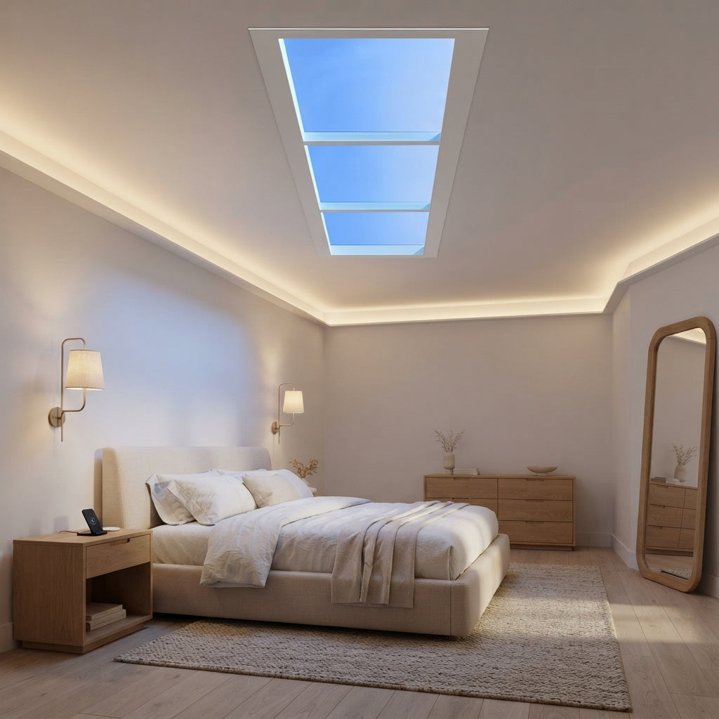 Plafonnier effet ciel bleu panneau allongé Éther – mise en situation (visuel d’ambiance)