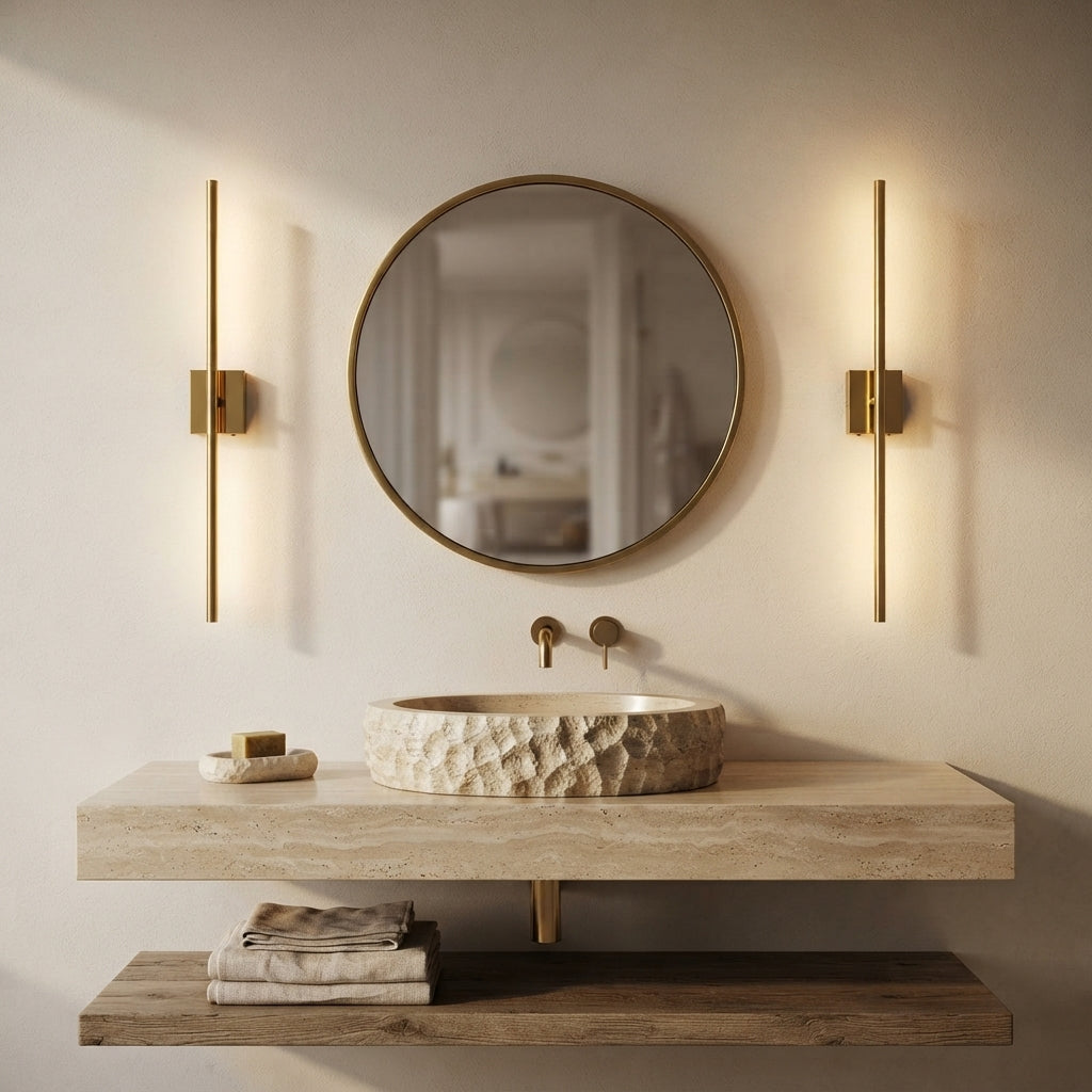 Applique murale linéaire dorée socle carré sans fil rechargeable Blé – mise en situation (visuel d’ambiance)