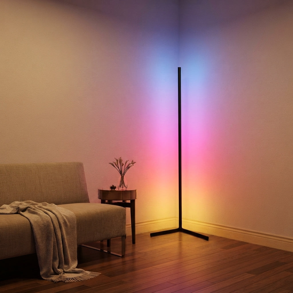 Lampadaire LED multicolore tige noire Caméléon – mise en situation (visuel d’ambiance)