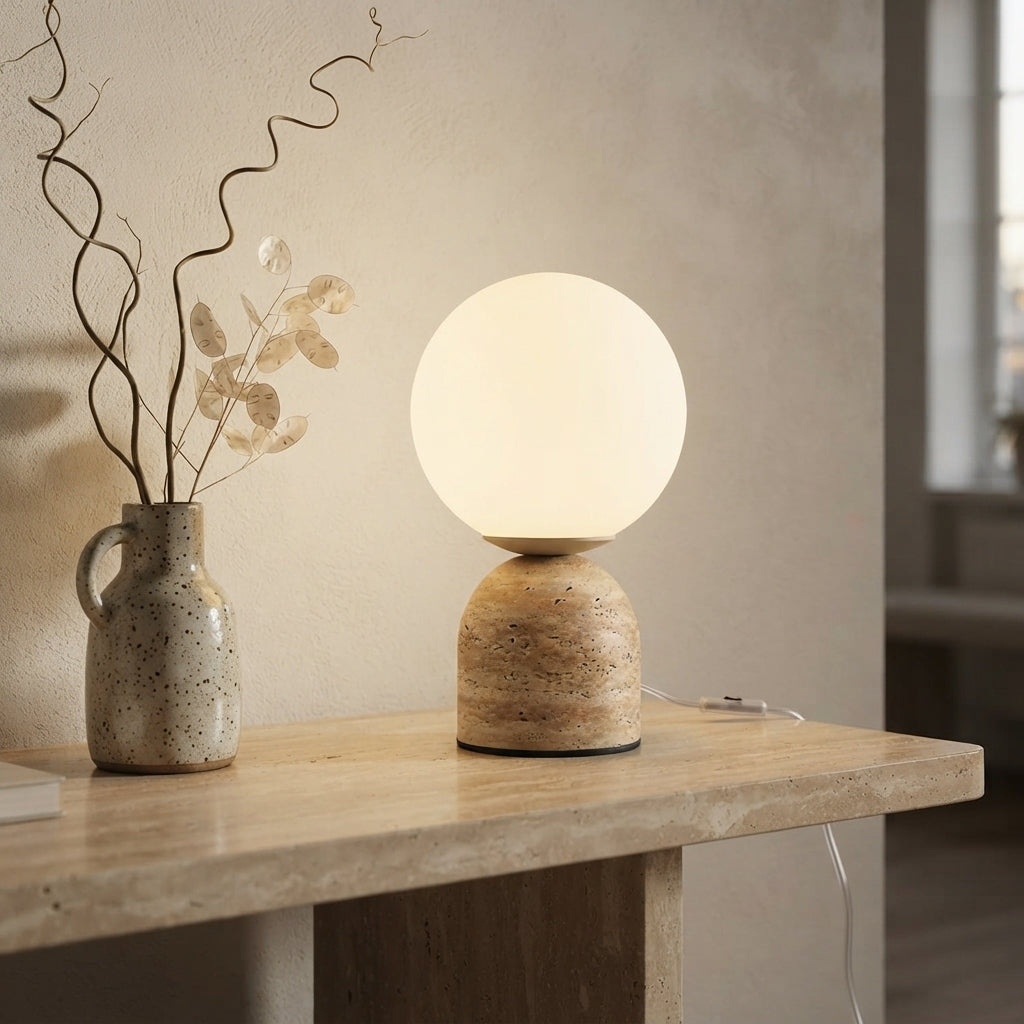 Lampe à poser globe blanc sur socle aspect travertin Cosmo – mise en situation (visuel d’ambiance)