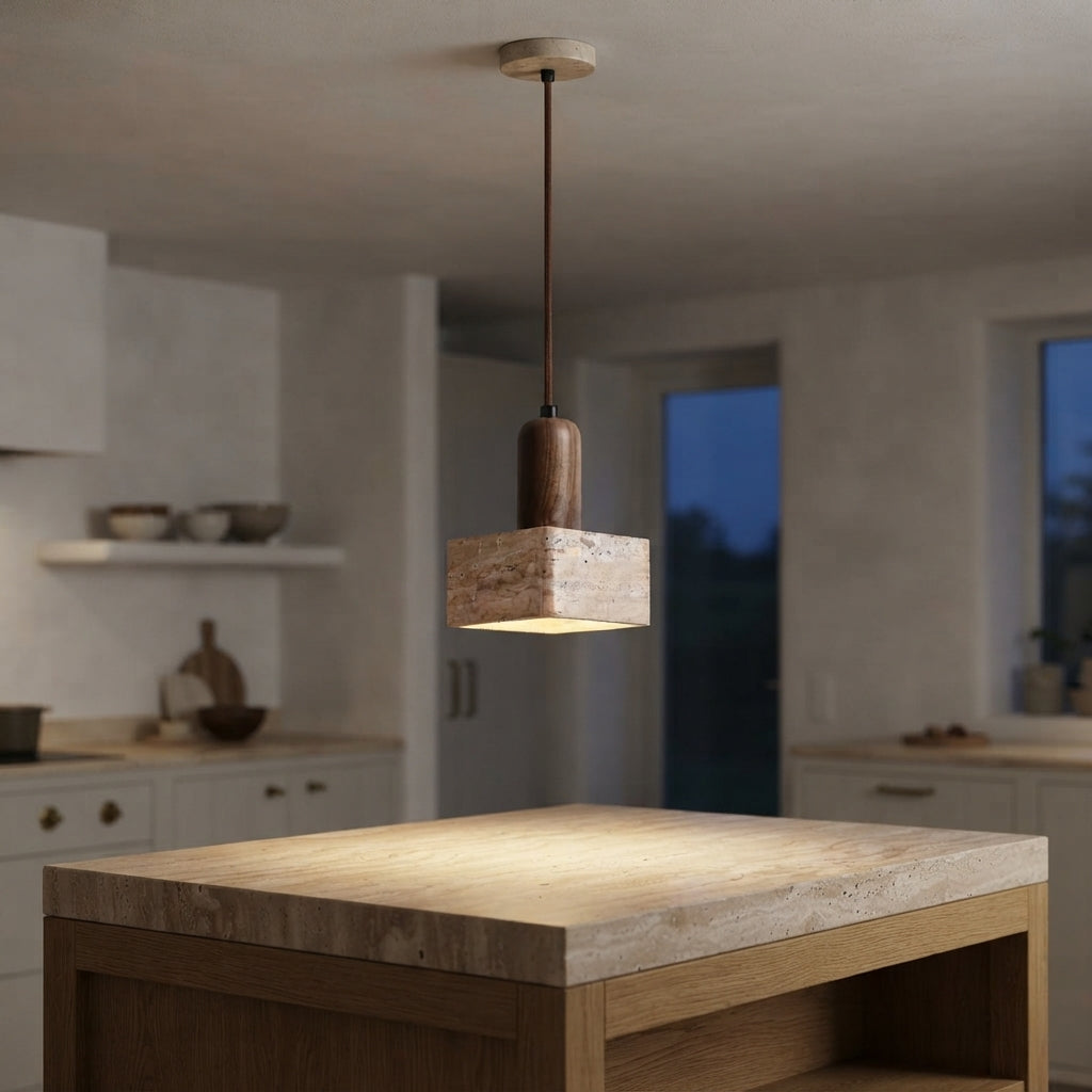 Suspension cube en travertin et tige aspect bois Gué – mise en situation (visuel d’ambiance)