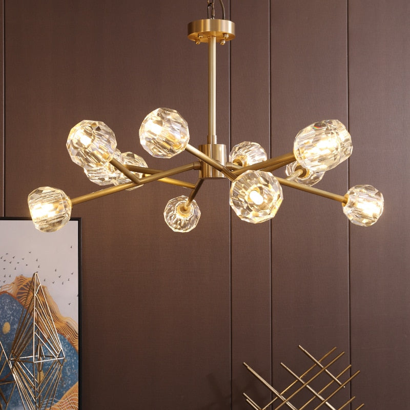 Lustre branches dorées et globes en cristal Rameau