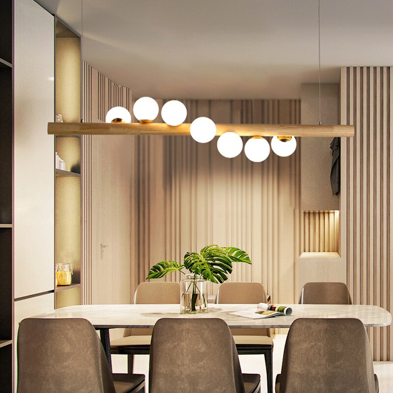Lustre branche de bois poli à globes Lierre
