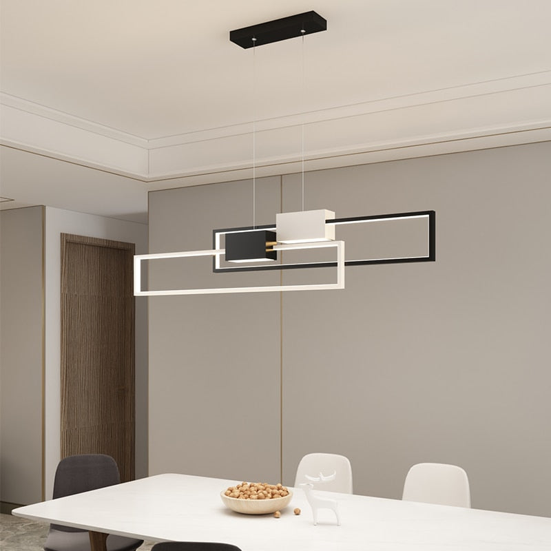 Lustre rectangles lumineux imbriqués Travée, finition noir et blanc