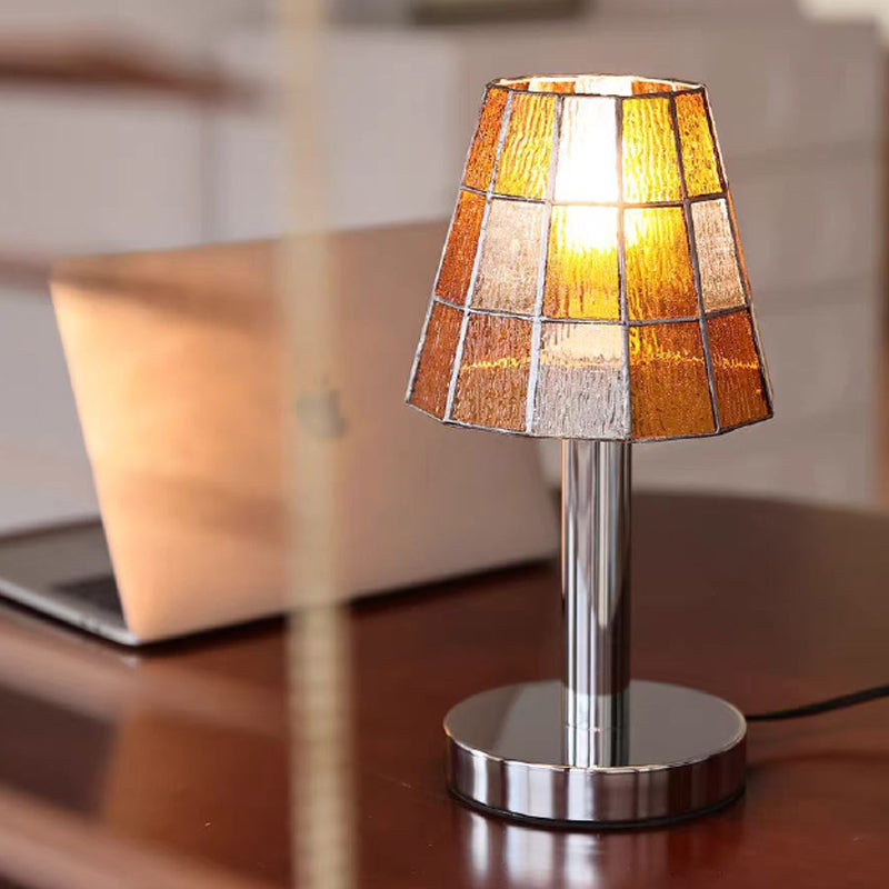 Lampe à poser en verre vitrail style Tiffany ambré Damier