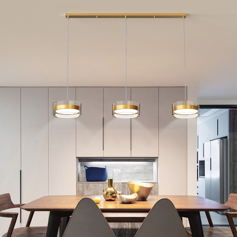 Lustre trois disques lumineux sur barre noire Tambour, finition dorée