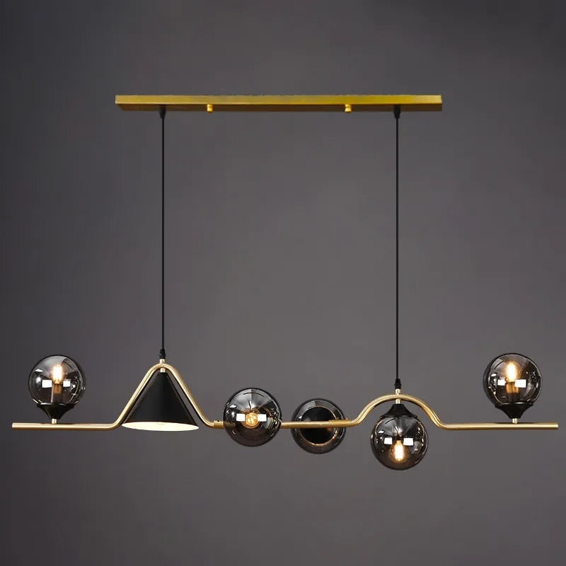 Lustre globes blancs et cône noir sur barre dorée Satellite, finition dorée – vue 2