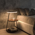 Lampadaire anneau lumineux et tablettes aspect bois Guéridon