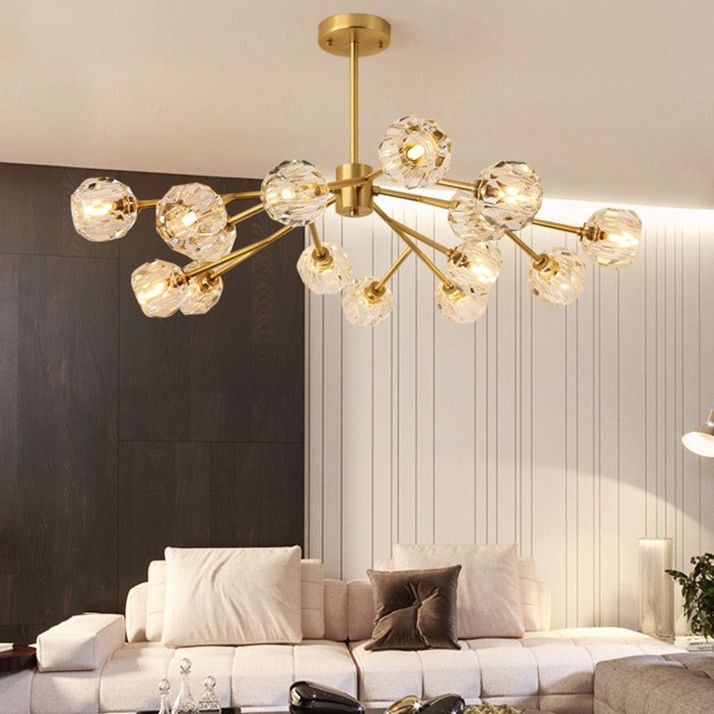 Lustre branches dorées et globes en cristal Rameau, finition dorée – vue 2
