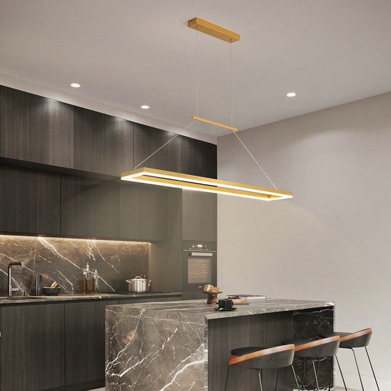 Suspension LED cadre rectangulaire pour îlot Péristyle, finition dorée – vue 4