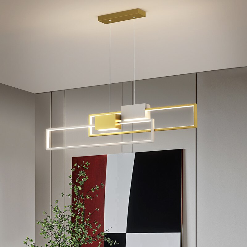 Lustre rectangles lumineux imbriqués Travée, finition blanc et or