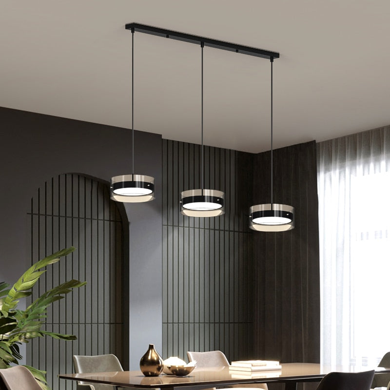 Lustre trois disques lumineux sur barre noire Tambour, finition noire