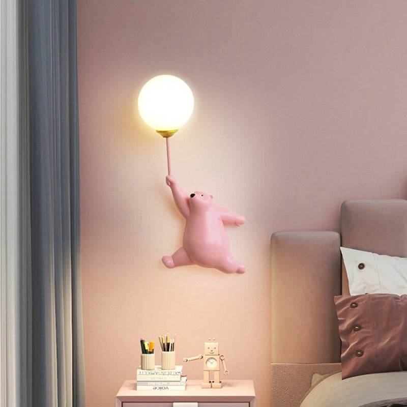 Applique murale enfant ourson au ballon Peluche, coloris rose