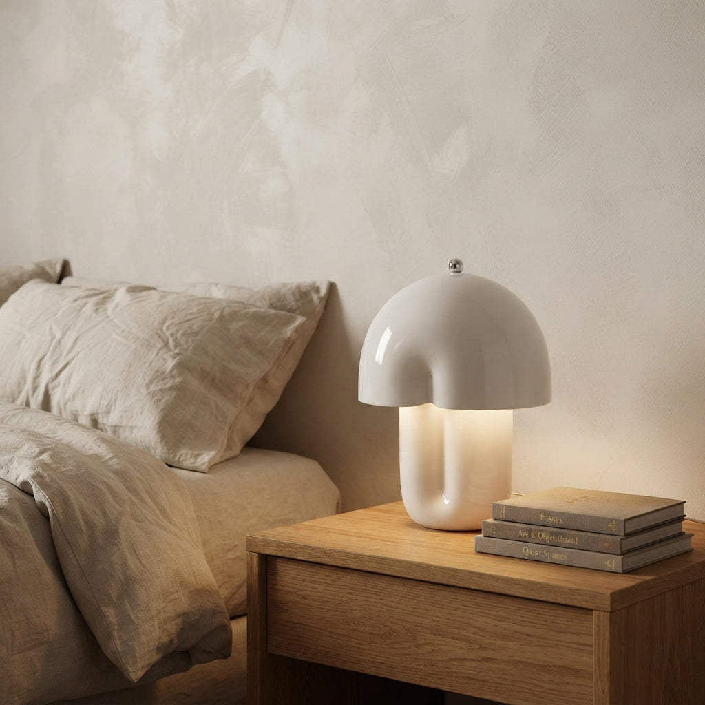 Lampe à poser champignon brillante en céramique blanche Mavi – mise en situation (visuel d’ambiance)