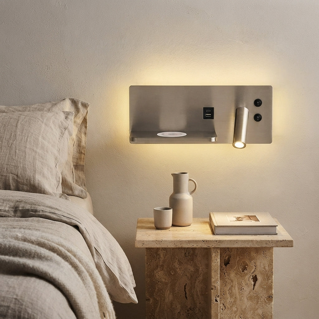 Applique murale à tablette et liseuse sans fil rechargeable Crédence – mise en situation (visuel d’ambiance)