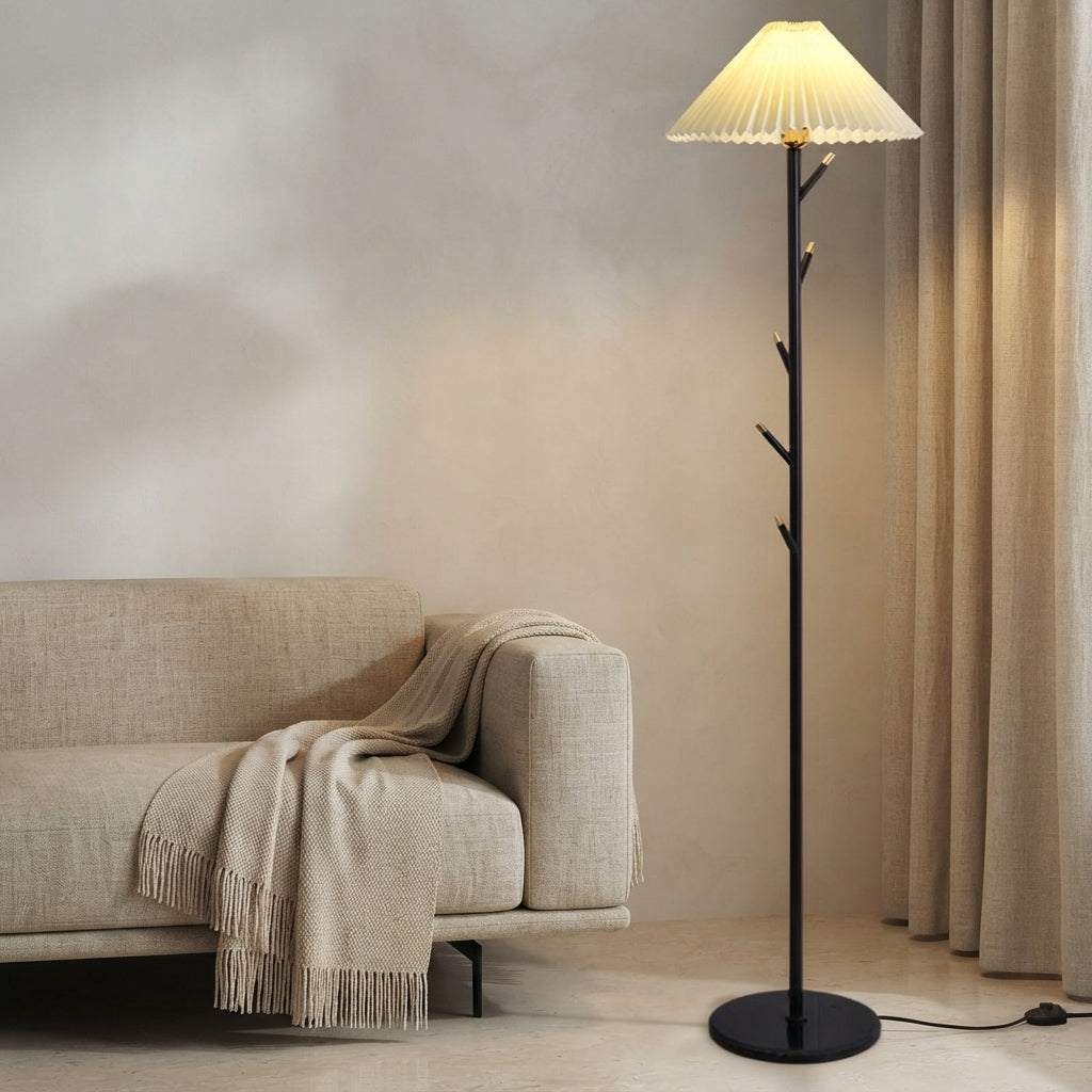 Lampadaire en marbre abat-jour plissé tige à rameaux Feuillage