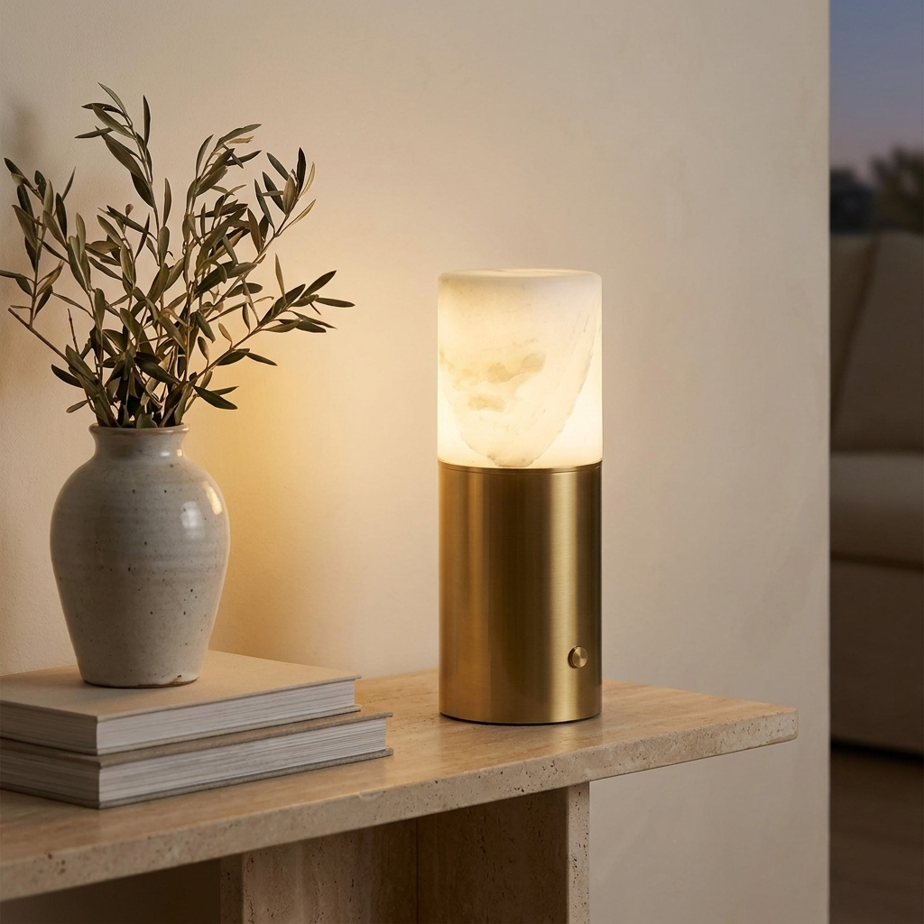 Lampe à poser en albâtre sans fil rechargeable socle doré Fanal
