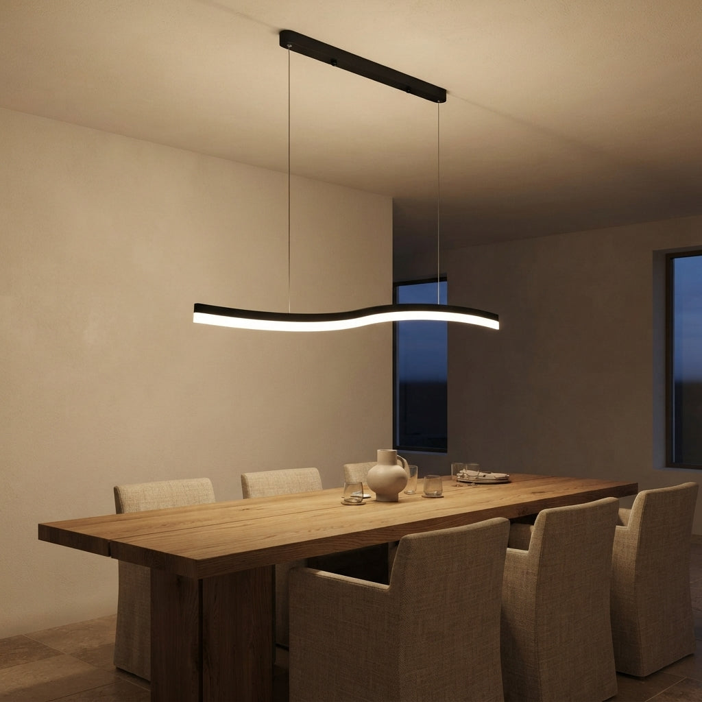 Lustre linéaire noir à vague lumineuse Flot – mise en situation (visuel d’ambiance)