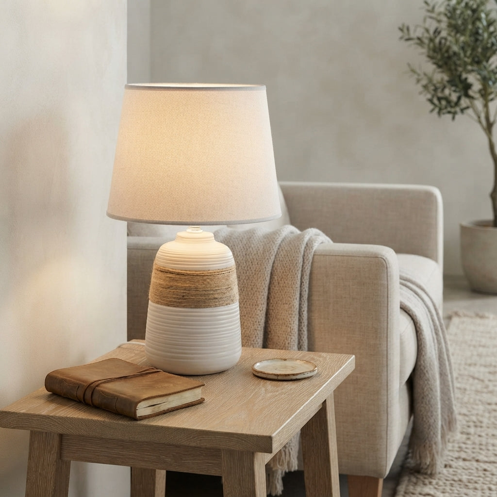Lampe à poser en céramique style wabi-sabi pied strié Filin – mise en situation (visuel d’ambiance)