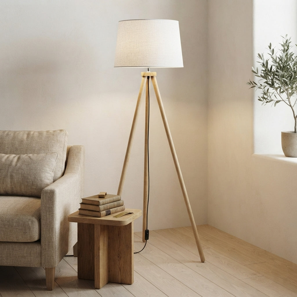Lampadaire trépied aspect bois abat-jour blanc Futaie – mise en situation (visuel d’ambiance)