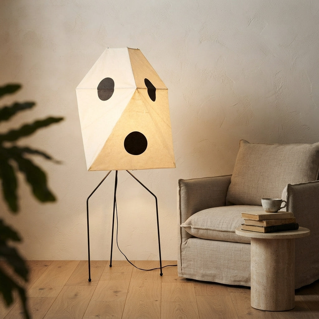 Lampadaire en papier style wabi-sabi à pois noirs Haïku – mise en situation (visuel d’ambiance)